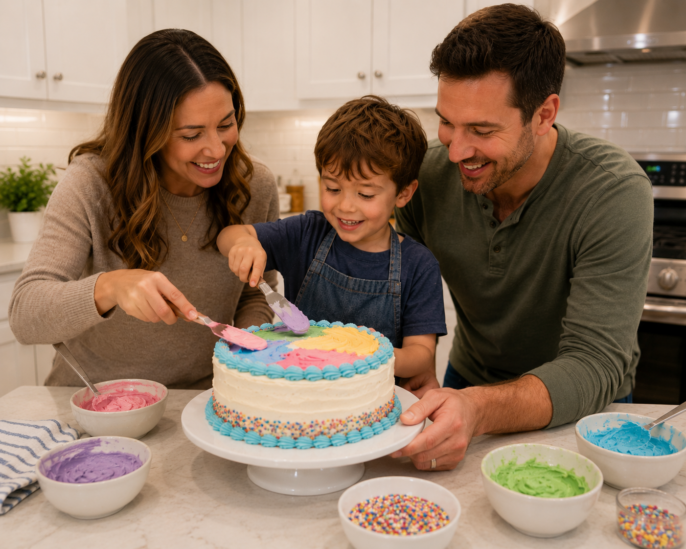 A mother, father and young son stand together at a kitchen counter, smiling as they decorate a finished cake. Bowls of brightly coloured icing sit in front of them.
